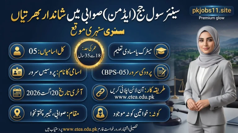 Senior Civil Judge Swabi Jobs 2026 feature image showing Process Server (BPS-05) vacancies, Matric qualification, age limit 18–35 years, 20 August 2026 last date, and online application through ETEA.