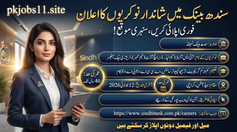 Sindh Bank Jobs 2026 for IS Auditor & Treasury Officer feature image showing career opportunities at Sindh Bank Karachi with application details, eligibility criteria, and last date 12 July 2026.