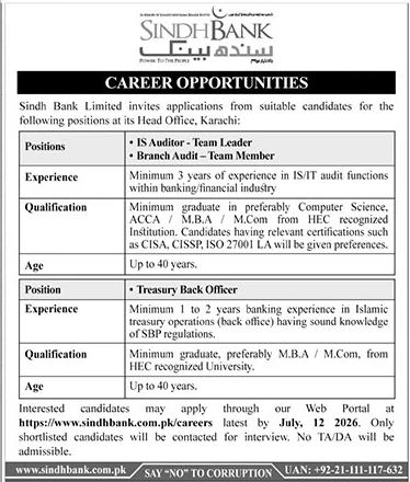 Sindh Bank Jobs 2026 for IS Auditor & Treasury Officer official job advertisement featuring vacancies for IS Auditor, Branch Auditor, and Treasury Back Officer at Sindh Bank Head Office Karachi with eligibility criteria and online application deadline of 12 July 2026.