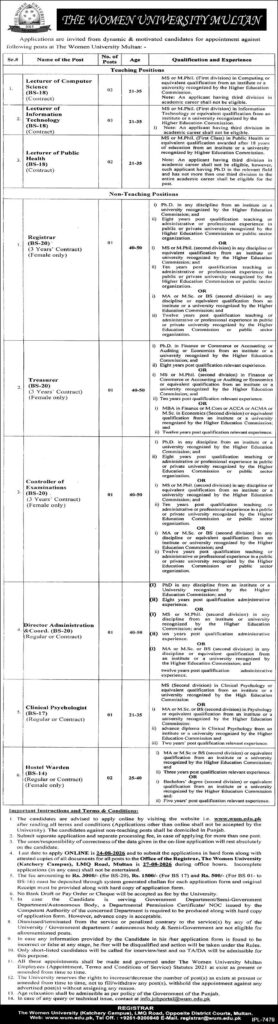 Official advertisement for The Women University Multan Jobs 2026 featuring teaching and non-teaching vacancies, eligibility criteria, age limits, and application deadline.
