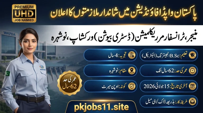 WAPDA Foundation Manager Jobs 2026 BPS-19 Apply Now – Official job advertisement featuring Manager Transformer Reclamation (Distribution) Workshop vacancy in Nowshera with eligibility, experience, and application deadline details.