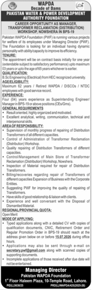 WAPDA Foundation Manager Jobs 2026 BPS-19 Apply Now official advertisement showing Manager Transformer Reclamation (Distribution) Workshop Nowshera vacancy, eligibility criteria, experience, and application deadline.