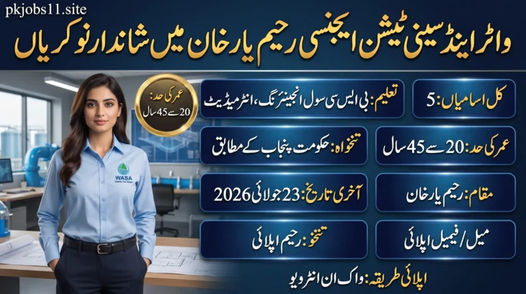 WASA Rahim Yar Khan Jobs 2026 Walk-in Interview feature image showing Graduate Engineer (Civil) and Junior Computer Operator vacancies, eligibility, age limit, last date, and application details.