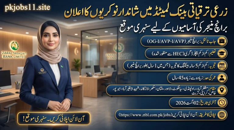 ZTBL Jobs 2026 feature image showing Zarai Taraqiati Bank Limited Branch Manager recruitment with eligibility, experience, locations, and online application details.