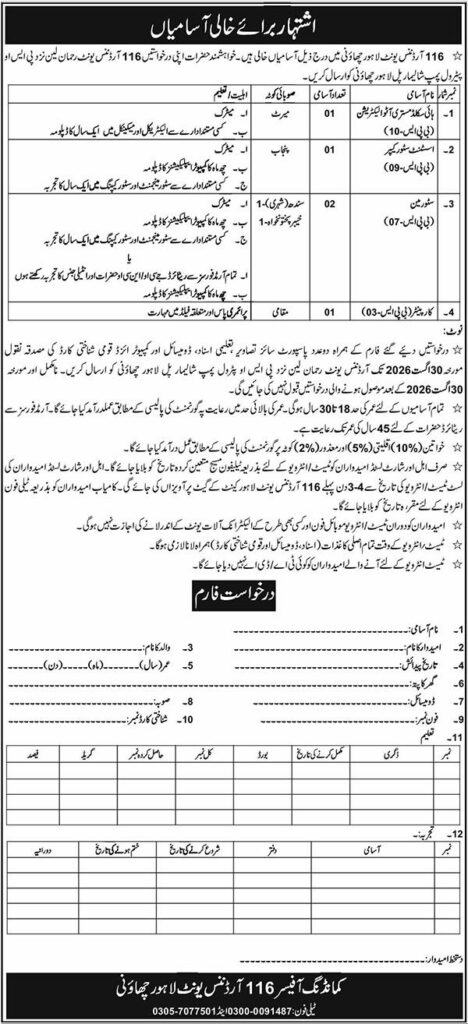 116 Ordnance Depot Lahore Jobs 2026 advertisement showing available vacancies, eligibility criteria, application form, and last date.