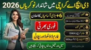 DHA Karachi Jobs 2026 advertisement featuring Office Superintendent, Office Assistant, UDC, and LDC vacancies with eligibility criteria and application details.