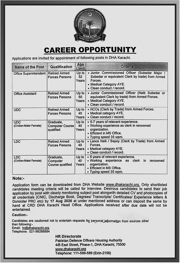 "DHA Karachi Jobs 2026 career opportunity advertisement by Pakistan Defence Officers Housing Authority (DHA) Karachi, listing vacancies for Office Superintendent, Office Assistant, UDC, and LDC positions with eligibility criteria, age limits, qualifications, and application deadline."