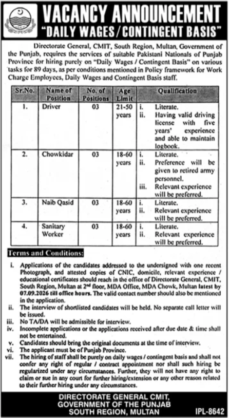 Directorate General CMIT Multan Jobs 2026 – official vacancy announcement for 12 daily wage and contingent basis positions in Multan.