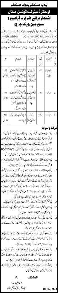 District Council Multan Jobs 2026 advertisement showing Driver, Heavy Vehicle Driver, and Supervisor vacancies with eligibility criteria and application details.