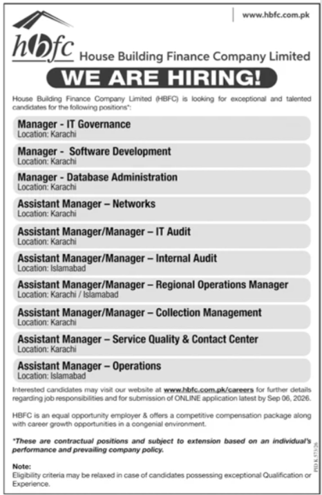 alt="HBFC Jobs 2026 advertisement - House Building Finance Company Limited hiring for Manager and Assistant Manager positions in Karachi and Islamabad"