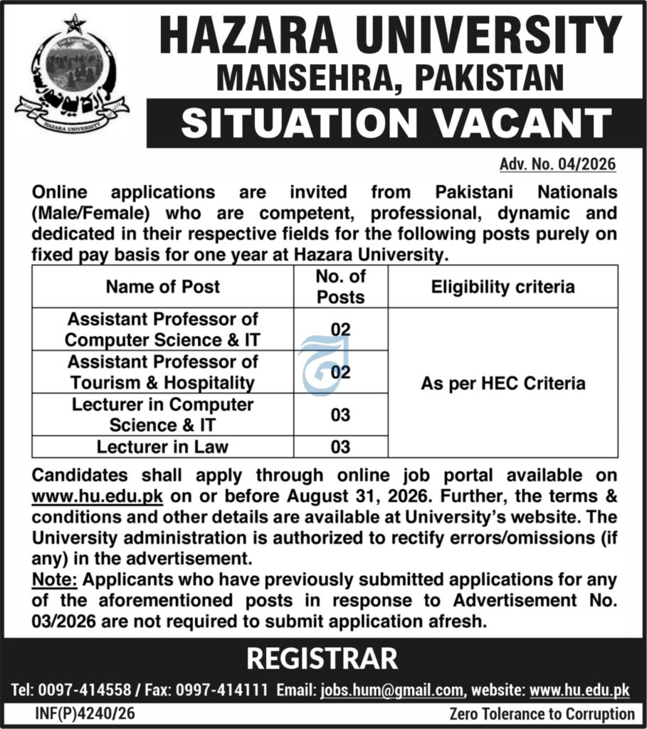 Hazara University Mansehra Jobs 2026 advertisement featuring vacant positions for Assistant Professors and Lecturers in Computer Science & IT, Tourism & Hospitality, and Law.