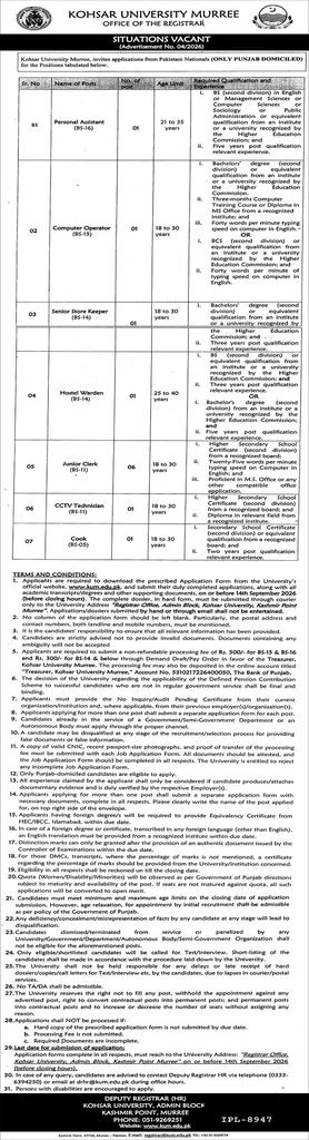 Kohsar University Murree Jobs 2026 advertisement featuring vacant positions for Personal Assistant, Computer Operator, Senior Store Keeper, Assistant, CCTV Technician, and Cook.