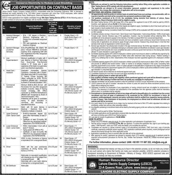 Official LESCO Jobs 2026 advertisement showing contract-based vacancies, eligibility criteria, available positions, age limit, and OTS online application details.