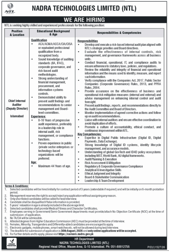 NADRA Technologies Limited Jobs 2026 advertisement for Chief Internal Auditor (Deputy Director) in Islamabad, showing eligibility, experience, and application details.