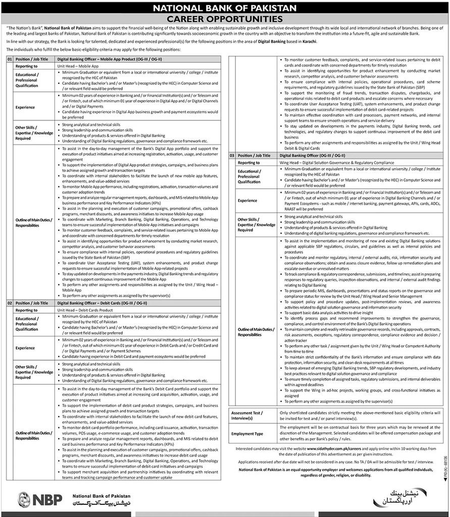 NBP Digital Banking Officer Jobs 2026 advertisement showing National Bank of Pakistan career details