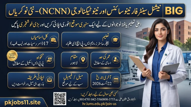 NCNN Jobs 2026 at LUMS infographic showing latest vacancies, eligibility criteria, application process, and the last date to apply for research and management positions.