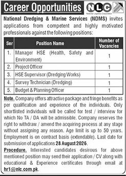 NLC Jobs 2026 advertisement featuring career opportunities for Manager HSE, Project Officer, HSE Supervisor, Survey Technician, and Budget & Planning Officer.