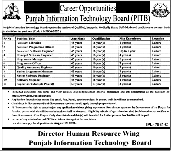 PITB Jobs 2026 official job advertisement showing Punjab Information Technology Board vacancies, eligibility criteria, required qualifications, experience, and online application details.