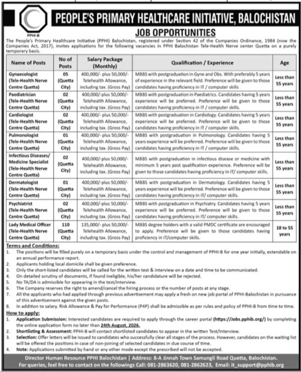 PPHI Balochistan Jobs 2026 official advertisement showing Tele-Health Nerve Centre Quetta vacancies for medical specialists and Lady Medical Officers with salary, eligibility, and application details.