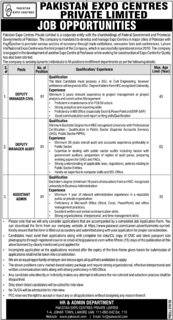 Pakistan Expo Centres Jobs 2026 advertisement showing vacancies for Deputy Manager Civil, Deputy Manager Audit, and Assistant Admin.