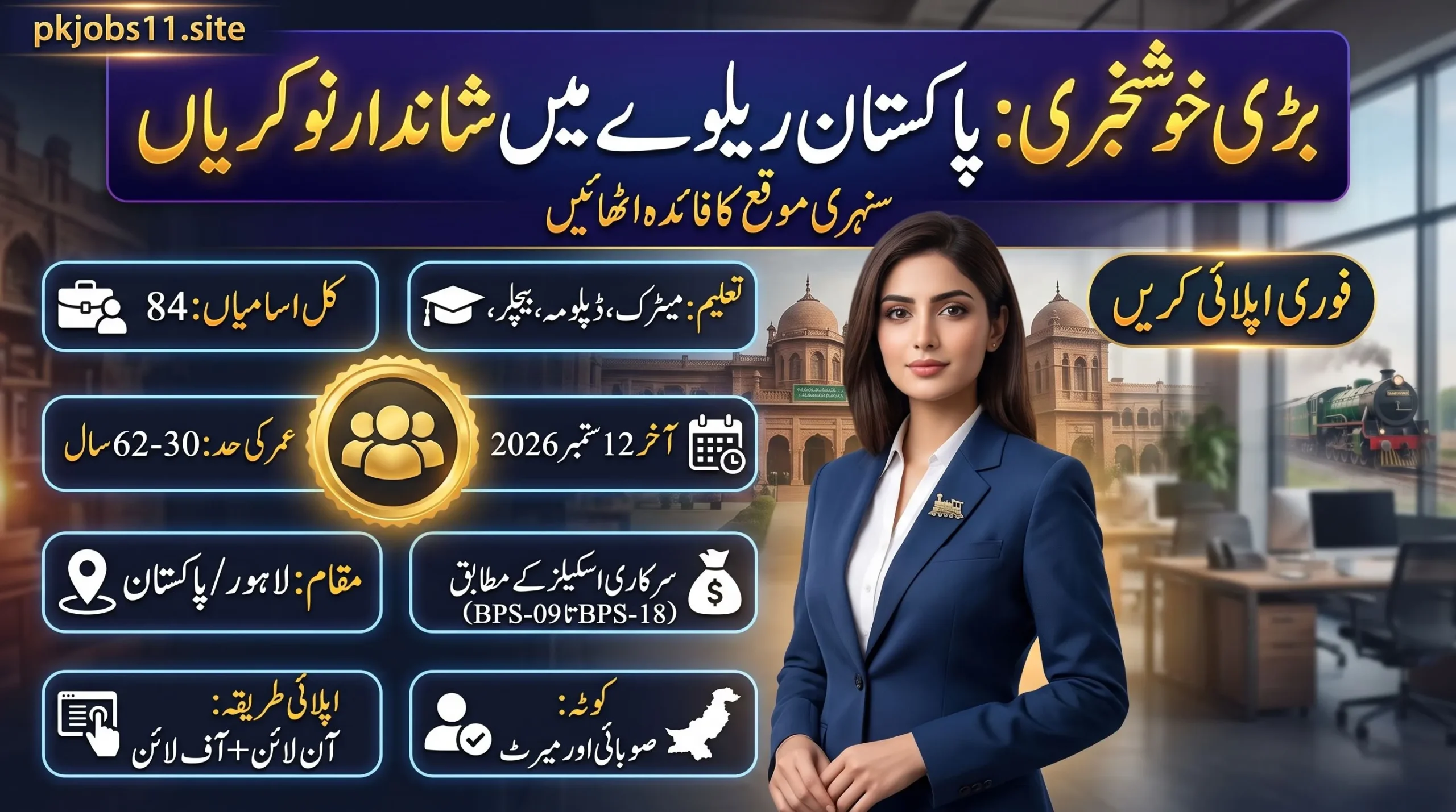 Pakistan Railways Jobs 2026 advertisement banner showing 84 vacancies, BPS-09 to BPS-18 salary, age limit 30 to 62 years, and application deadline 12 September 2026