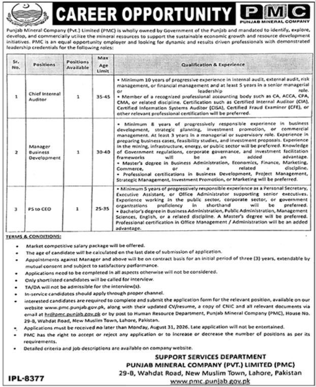 Punjab Mineral Company Jobs 2026 advertisement featuring Chief Internal Auditor, Manager Business Development, and PS to CEO vacancies with eligibility and application details.




