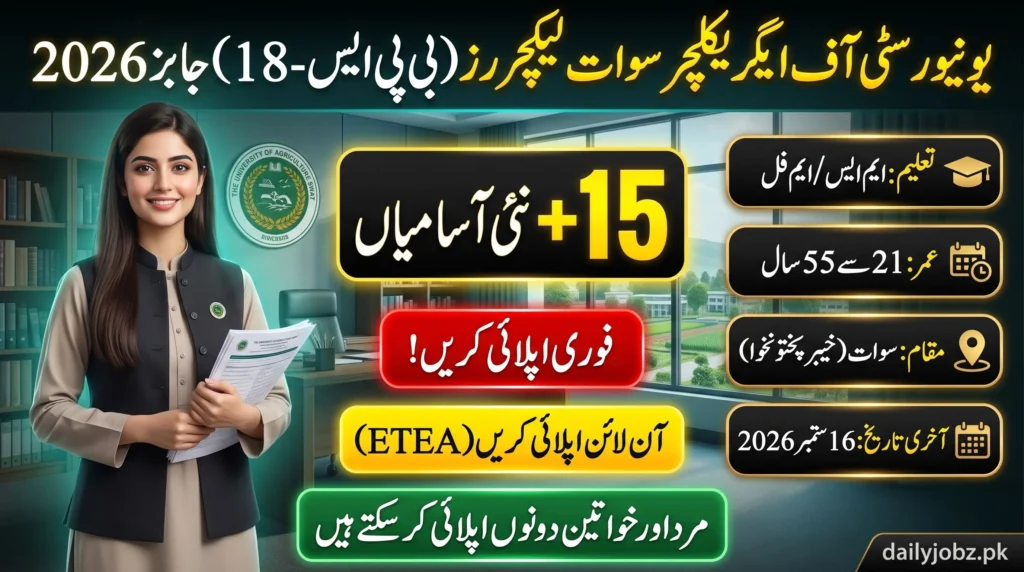 University of Agriculture Swat Lecturer Jobs 2026 - BPS-18 vacancies announcement with eligibility details, age limit, and application deadline