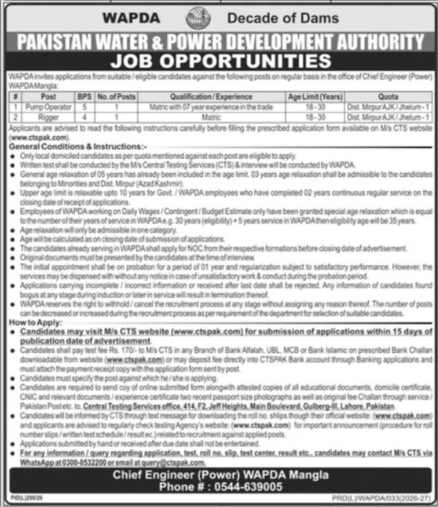 WAPDA Jobs 2026 official advertisement showing Pump Operator and Rigger vacancies, eligibility criteria, age limit, quota details, and CTS application process at WAPDA Mangla.