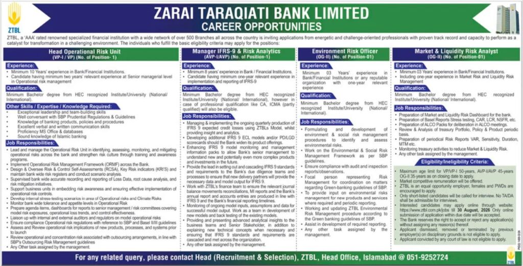 ZTBL Jobs 2026 advertisement showing career opportunities for Head Operational Risk Unit, IFRS-9 & Risk Analytics, Environment Risk Officer, and Market & Liquidity Risk Analyst positions.
