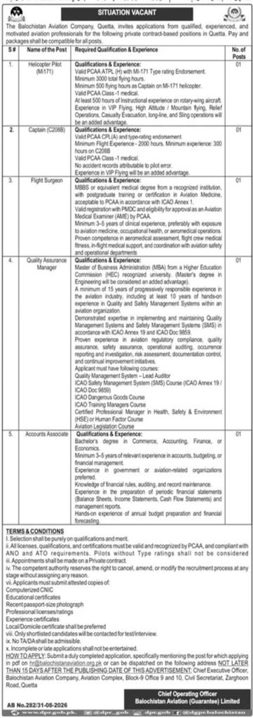 Balochistan Aviation Company Jobs 2026 advertisement showing 5 vacancies including Helicopter Pilot, Captain, Flight Surgeon, Quality Assurance Manager and Accounts Associate in Quetta