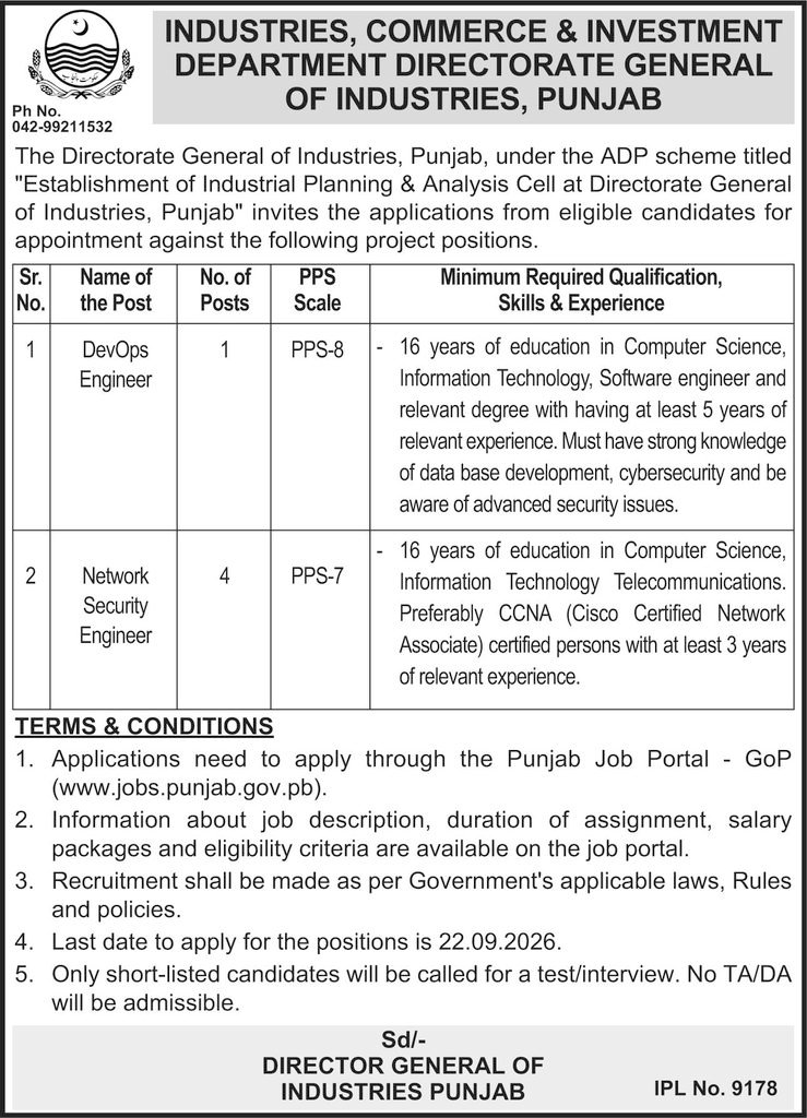 Directorate General of Industries Punjab Jobs 2026 advertisement for DevOps Engineer and Network Security Engineer positions