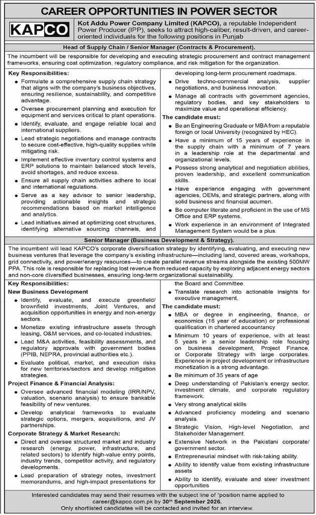 "KAPCO Jobs 2026 advertisement for career opportunities in Punjab's power sector"