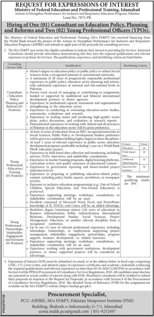 Ministry of Federal Education Jobs 2026 advertisement for consultant and young professional positions in Islamabad