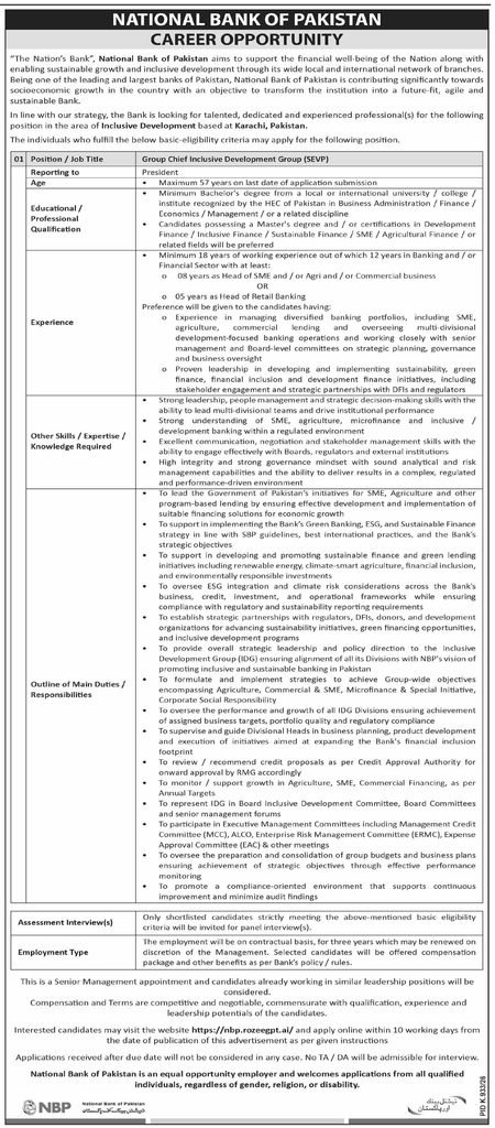 National Bank of Pakistan NBP Jobs 2026 career opportunity advertisement for Group Chief Inclusive Development Group SEVP position with eligibility criteria, experience requirements, and online application details.