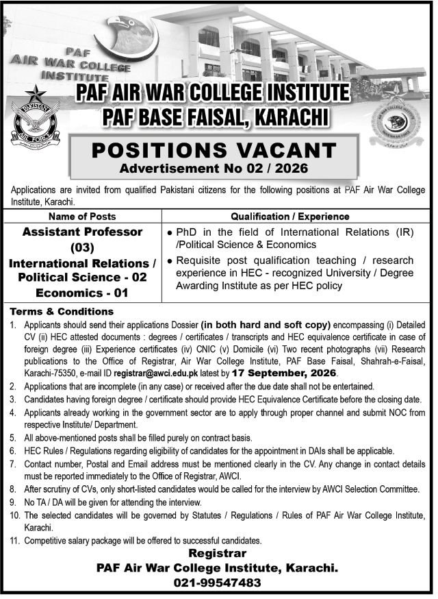 PAF Air War College Institute Karachi Jobs 2026 Advertisement - Assistant Professor Vacancies