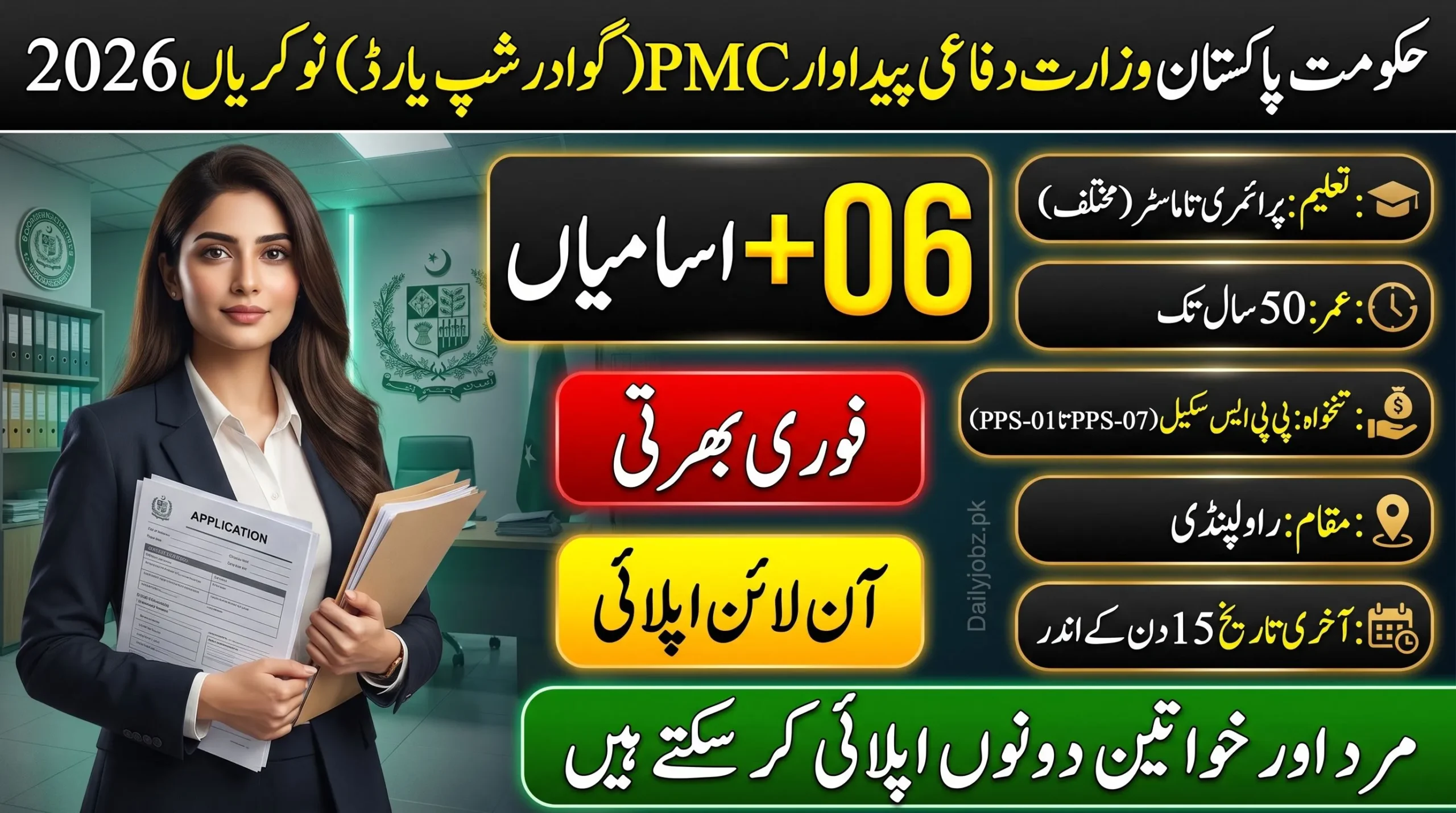 PMC Gwadar Shipyard Jobs 2026 advertisement banner showing 6 vacancies, PPS-01 to PPS-07 salary scale, age limit 50 years, Rawalpindi location, and online apply details