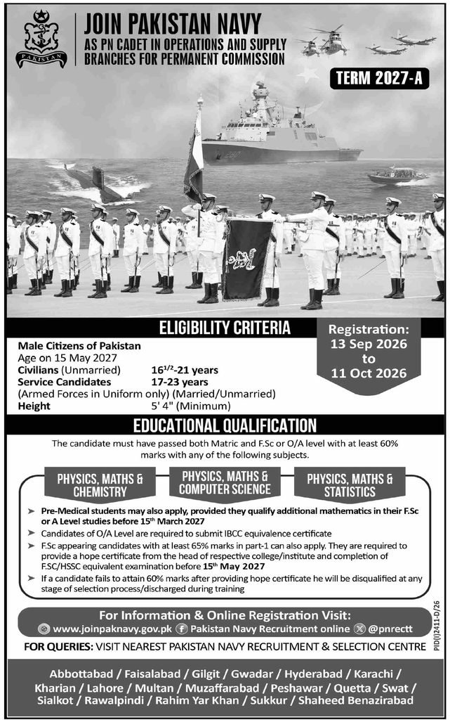 Pakistan Navy PN Cadet Term 2027-A Jobs 2026 official advertisement with eligibility and educational criteria