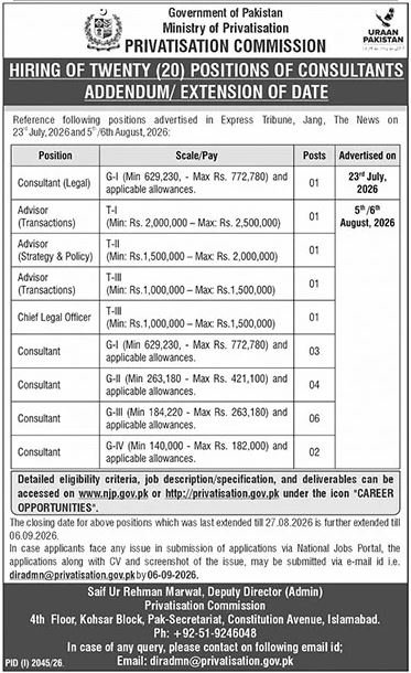Privatisation Commission Jobs 2026 advertisement showing 20 consultant and advisor vacancies with scale, pay and application dates