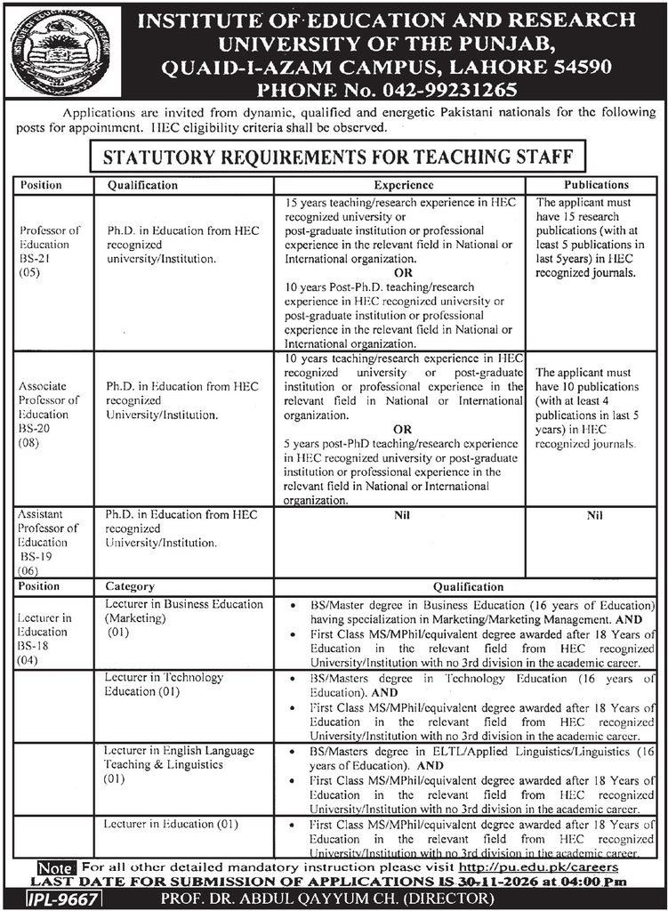 University of the Punjab IER Jobs 2026 official advertisement for Professor, Associate Professor, Assistant Professor and Lecturer posts