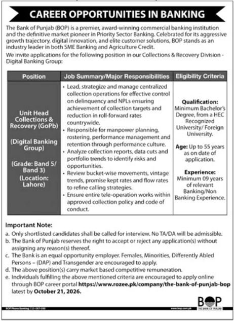 Bank of Punjab Jobs 2026 advertisement for Unit Head Collections & Recovery in Lahore, with eligibility requirements and an October 21, 2026 application deadline.