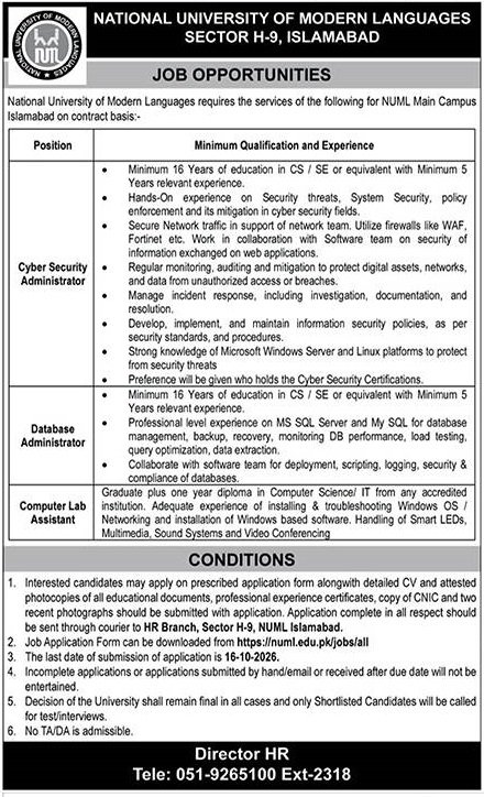 NUML Jobs 2026 – Job Opportunities at National University of Modern Languages Islamabad