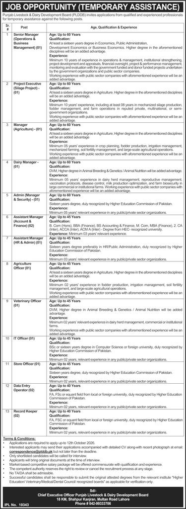 PLDDB Jobs 2026 job advertisement notification showing temporary assistance positions under Punjab Livestock & Dairy Development Board.